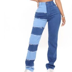 Fashion Nova Blue Distressed Patch Blocked Jeans